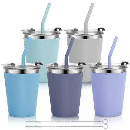 Stainless Steel Kids Cups with Lids, 5 Pack 12oz Spill Proof Cups - color: Green, Light Gray, Blue, Gray, Purple