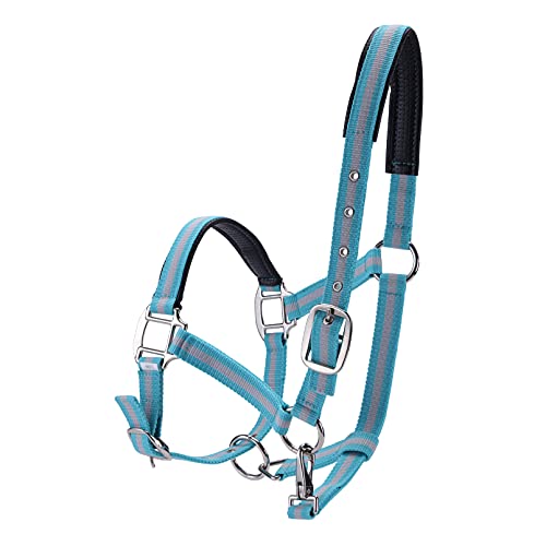 Adjustable Horse Halters - Heavy Duty Nylon Webbing & Hardware, Padded with Anti Chafing Foam-Cushioned on Crown & Nose - color: Light Blue, size: Full