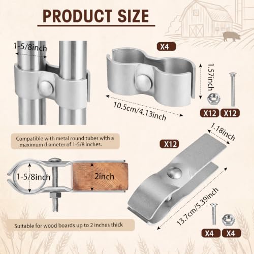 16 Pack 1-5/8" Horse Stall Panel Clamps Kit, Galvanized Steel | 12 U-type and 4 Saddle Clamps, Reduces Wobble Without Welding, 0.35 mm, Rust-resistant, for Stalls Circular Fences Kennels