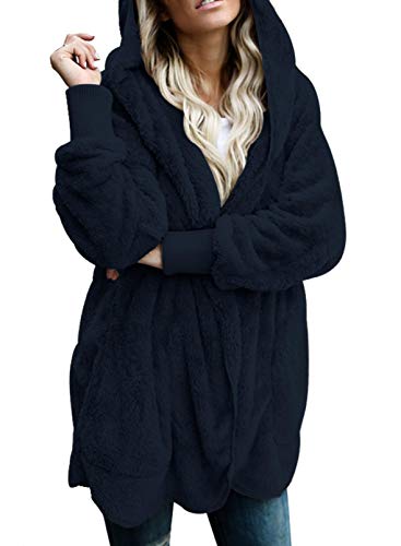 Dokotoo Womens 2025 Winter Long Sleeve Solid Fuzzy Fleece Open Front Hooded Cardigans Jacket Coats Outerwear with Pocket - color: A Navy, size: Small