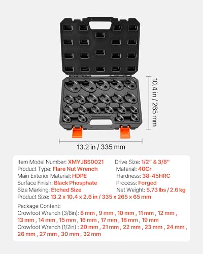 VEVOR Crowfoot Wrench Set, 1/2" and 3/8" Drive, 21-Piece Metric Dual-Drive Flare Nut Crows Foot Wrenches, with Storage Case, Dual Size Markings on Tools and Case, for Maintenance - size: 1/2" 3/8" 21 PCS