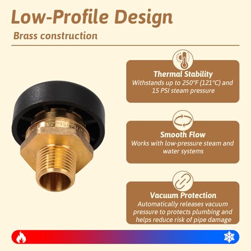 Vacuum Relief Valve 3/4 Inch Low Profile Water Service | for Water and Heater Tanks Brass Leak Proof