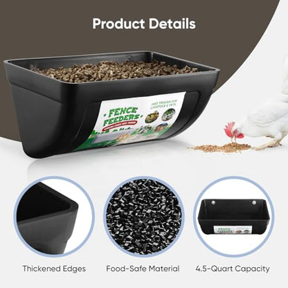 4 Pack Goat Feeders Hanging, 4.5 Quart Black Chicken Feeder, Rabbit Feeders | Feed Buckets for Horses with Clips Hanging Fence Feeders, Duck Feeder, Chicken Water Feeder, Poultry Feeding Trough - color: black