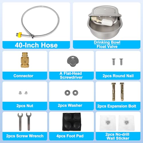 Automatic Pet Water Bowl with Float Valve, 304 Stainless Steel, Includes Bowl, Valve, 40" Hose, Adapters, Bolts, Wrench, Fits 1/2" & 3/4" Faucets, for Dogs/Livestock, Drain Hole