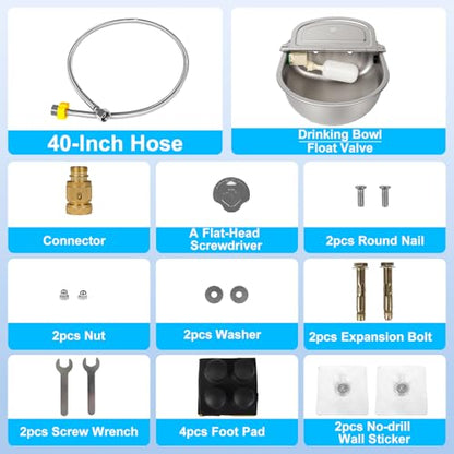 Automatic Pet Water Bowl with Float Valve, 304 Stainless Steel, Includes Bowl, Valve, 40" Hose, Adapters, Bolts, Wrench, Fits 1/2" & 3/4" Faucets, for Dogs/Livestock, Drain Hole