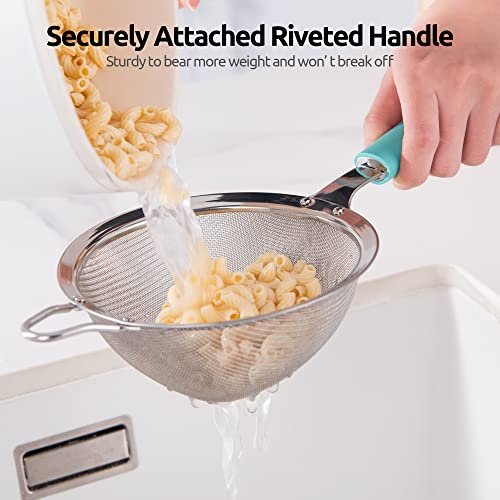 18/8 Stainless Steel Mesh Strainer: U-Taste 5.5 Inch Kitchen Fine Mesh Sieve Food Colander with Riveted Sturdy Silicone Handle and 30 Mesh Hole for Straining Flour, Pasta, Fruit, Quinoa(Aqua Sky) - color: (1) Aqua Sky, size: Medium (5.5 x 13 in)