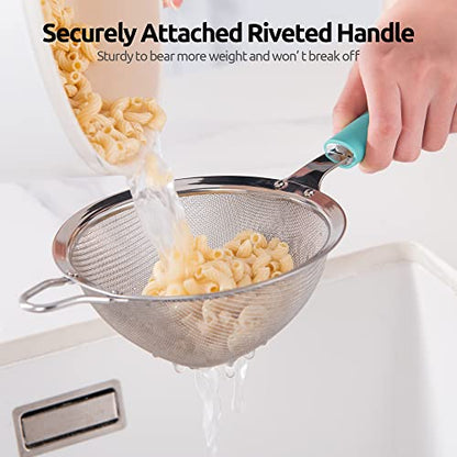 18/8 Stainless Steel Mesh Strainer: U-Taste 5.5 Inch Kitchen Fine Mesh Sieve Food Colander with Riveted Sturdy Silicone Handle and 30 Mesh Hole for Straining Flour, Pasta, Fruit, Quinoa(Aqua Sky) - color: (1) Aqua Sky, size: Medium (5.5 x 13 in)