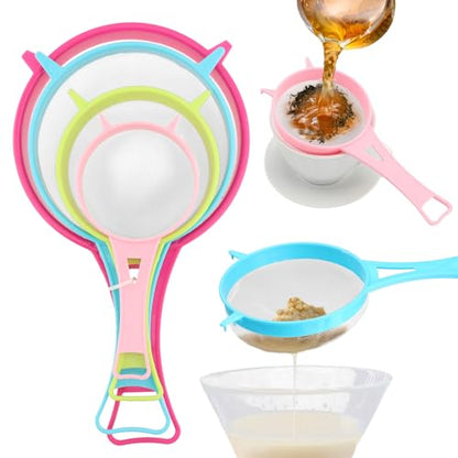 4Pcs Fine Mesh Strainer Set, Solid-Liquid Separator Gadget, Plastic Flour Colander with Non Slip Handles, Kitchen Tools for Yogurt Baking Tea Coffee Juice Pasta(4 Size)