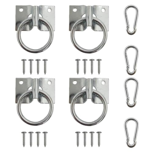 4pcs Horse Tie Rings with Snap Hooks and Screws for Barn Stall Trailer | Complete 4-ring set with 4 snap hooks and 16 screws for horse stalls, barns, trailers, hay nets, buckets and lead ropes