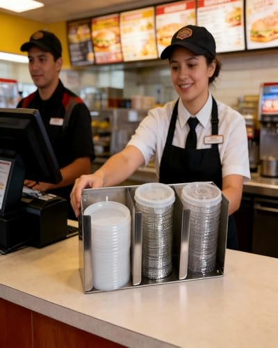 Stainless Steel Cup Dispenser,3 Compartments Cup Holder and Lid Holder with Adjustable Dividers,Cup Organizer for Kitchen Cabinets Cafe Shop Restaurant,Includes Straw Holder - size: 3 Compartments