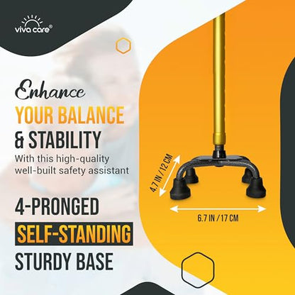 Walking Cane with 4 Prongs and Extra Side Handle – Adjustable, for Balance & Stability for Adults, Seniors, and Injured. - color: Gold