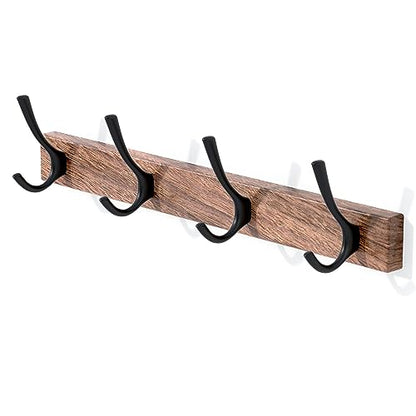 17 Inch Walnut Wood Wall Mounted Coat Rack with 4 Black Double Hooks, Adhesive Mounted Entryway Hooks, Modern Natural Wooden Pegs for Hanging Coat Clothes Hat Bag Purse Key and Towel - color: Coat Rack with 4 Black Hooks