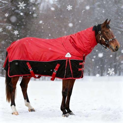 1680D All-Weather Horse Turnout Blanket with Detachable Neck Cover - 280g Medium Weight Winter Horse Blanket, Water-Resistant & Breathable for Cold Weather (72in/135cm) - color: Red&Black