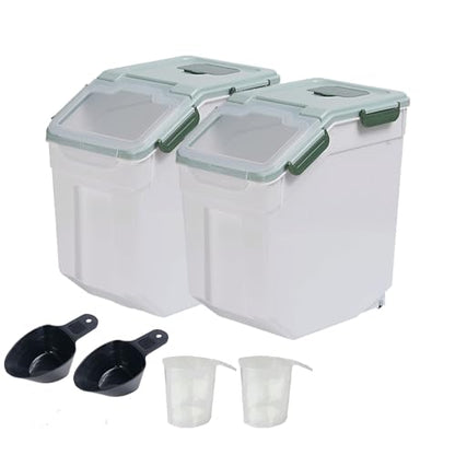 Large Flour Storage Container Bin 25lb, 2Pack Airtight Rice Storage Containers with Wheels Seal Locking Lid, BPA Free with Measuring Cup&Scoop for Flour, Rice, Grain(Green) - color: Green 2Pack