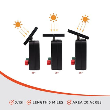 Solar Electric Fence Charger 5 Miles Range 20 Acres 0.15 Joules Energizer | Built-in 3.2V lithium battery & 1.8W solar panel Eco-friendly 0.15J energizer works on cloudy days to secure farms