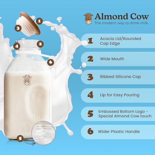Almond Cow - Glass Pitcher with Lid and Spout, Glass Bottle Milk Container for Refrigerator, Clear Milk Jar Bottles, Food-Grade Liquid Container - 60 fl oz Capacity, 5 x 4 x 10 Inches - size: Glass Pitcher - 60 fl oz (Pack of 1)