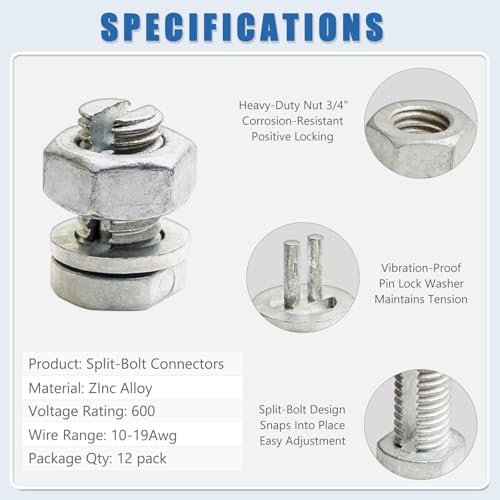 Split Bolts Electrical Fence Connector, 12PCS Wire Join Clamp Split Bolt Wire Connector for Electric Fence Wire, High Tensile Wire, Polywire, Jumper & Underground Cable (Hex Nut for Tight Grip)