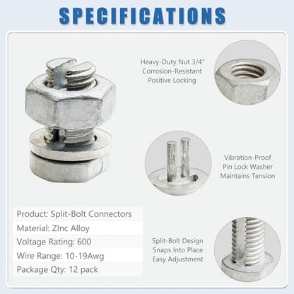 Split Bolts Electrical Fence Connector, 12PCS Wire Join Clamp Split Bolt Wire Connector for Electric Fence Wire, High Tensile Wire, Polywire, Jumper & Underground Cable (Hex Nut for Tight Grip)