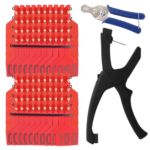 100 Pack Large Blank Cattle Ear Tags with Applicator, One-Piece TPU Livestock Ear Tags for Cattle Cow Calf Bull Sheep Goat Pig Hog Horse, Animal Identification Tags for Farm Ranch (Red, 001-100) - color: Red, size: 001-100