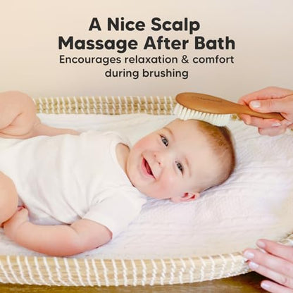 Keababies Baby Hair Brush and Baby Hair Brush and Comb Set - Wooden Brush with Soft Goat Bristles, Soft for Newborn's Head and Craddle Cap Softener