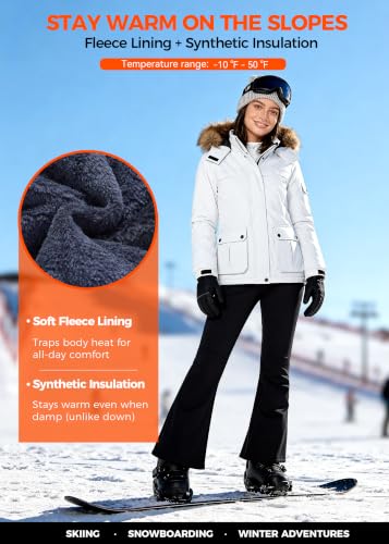 Wantdo Women's Waterproof Ski Jacket Windproof Winter Snow Coat Mountain Snowboarding Jackets Outdoor Fleece Parka - color: White, size: Large