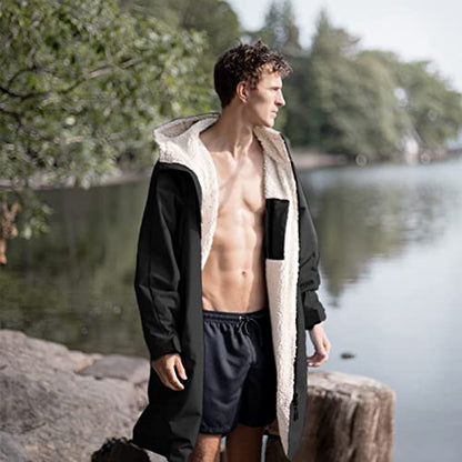 Oksun Waterproof Swim Parka: Windproof Sherpa Fleece Lined Surf Poncho - color: Sherpa Lining, Black