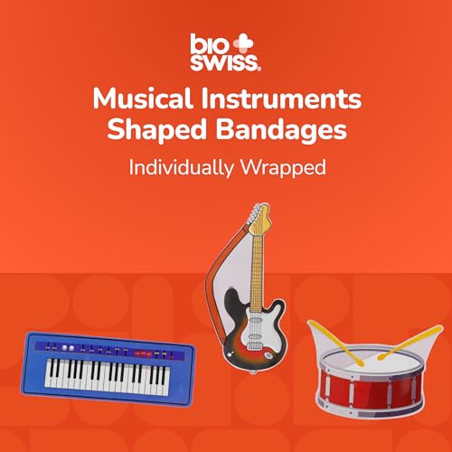 BioSwiss Bandages, Musical Instruments Shaped Self Adhesive Bandage Set, Latex Free, Sterile Wound Care, 50 Count - color: Musical Instruments, size: 50-Count Tin