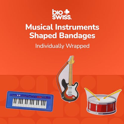 BioSwiss Bandages, Musical Instruments Shaped Self Adhesive Bandage Set, Latex Free, Sterile Wound Care, 50 Count - color: Musical Instruments, size: 50-Count Tin