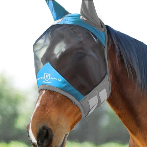 Harrison Howard Pro Luminous Horse Fly Mask Standard with Ears UV Protection for Horse Azure Blue/Silver Large Full Size - color: Azure Blue/Silver, size: Large (Horse)
