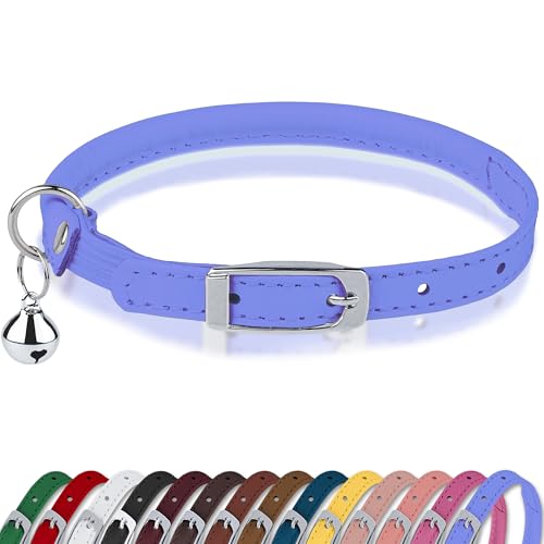 OOPSDOGGY Rolled Leather Cat Collar with Bell, Reflective Kitten Collars with Buckle Include Safety Elastic Strap - Adjustable Small Pet Collars for Boy Girl Cats (Lilac) - color: Lilac