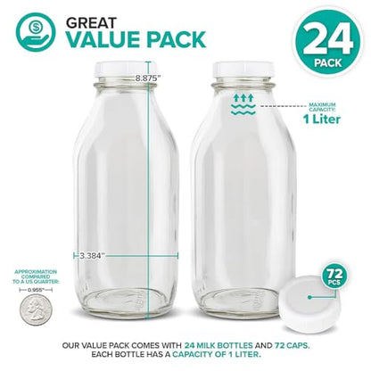 Stock Your Home Liter Glass Milk Bottle with Lid 24 Pack 32 oz Jugs and 6 White Caps Reusable Food Grade Bottles for Juice Plant Milk Water or Honey