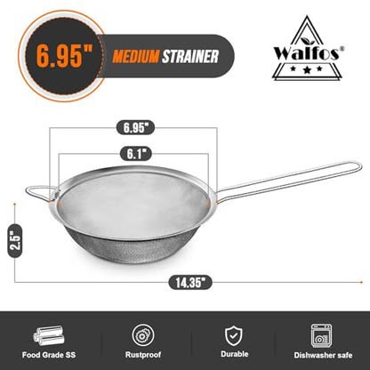 Walfos 6.95 Inch Fine Mesh Strainers, Premium Stainless Steel Colanders and Sifters, with Reinforced Frame and Sturdy Handle, Perfect for Sift, Strain, Drain and Rinse Vegetables, Pastas and Tea - style: 6.95" Medium Strainer