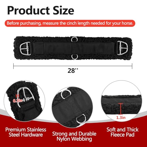 Western Cinch Horse Girth 28" to 34", Soft 33mm Thick Fleece Padding, Black - size: 28 Inch-Black