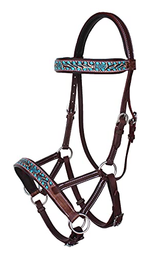 CHALLENGER Horse Western Leather Bitless Sidepull Bridle Split Reins 77RS25 - color: Brown/Turquoise