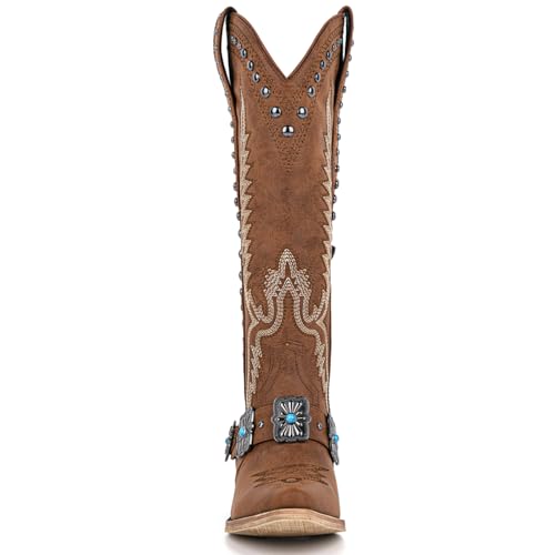 Yolkomo Cowboy Boots for Women Knee High Western Cowgirl Boots with Embroidery Belt Buckle Chains - color: Brown, size: 9