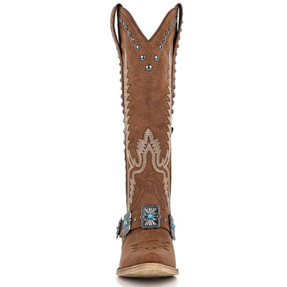 Yolkomo Cowboy Boots for Women Knee High Western Cowgirl Boots with Embroidery Belt Buckle Chains - color: Brown, size: 12