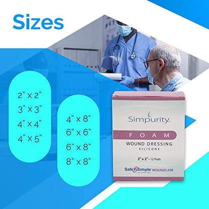 Safe n' Simple Medical Dressing for Wounds - 12 Pack Thick Pads 2" x 2" - Highly Absorbent Non-Adherent Foam Padding