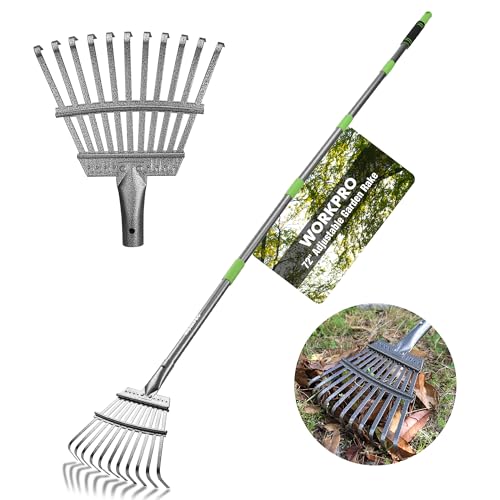 WORKPRO Rake, Small Rake for Leaves with 72” Adjustable Long Handle - size: 11 TINE