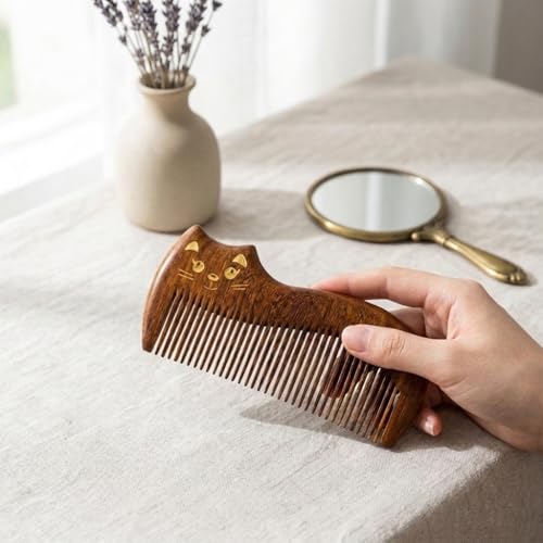 Cute Cat Natural Sandalwood Hair Comb, Gilded Wooden Hair Comb