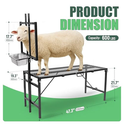 600LBS Milking Stand for Goat, Adjustable Sheep Rack with Feeder, Metal Livestock Milk Stand Fit for Shearing, Hoof Trimming, Animal Examinel Examination, Stainless Steel (Black) - color: Black