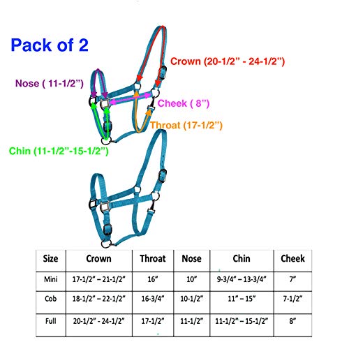 Majestic Ally Pack of 2 Adjustable Halter for Horses–Adjustable Chin and Crown– Sewn-in Throat Snap Hook- Heavy Duty Rose Gold or Black Nickel Finish Hardware–Full - color: Red