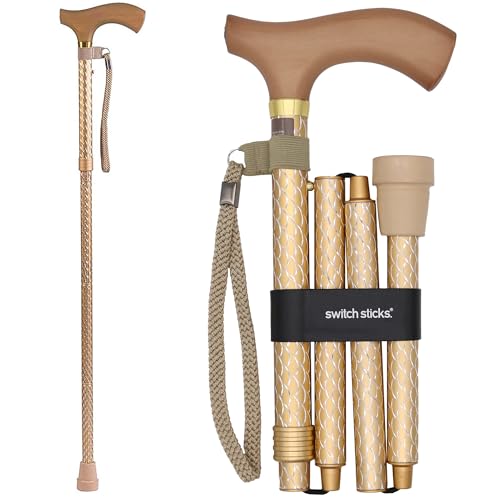 Switch Sticks Folding Walking Cane For Women & Men - color: Engraved Pearl Gold