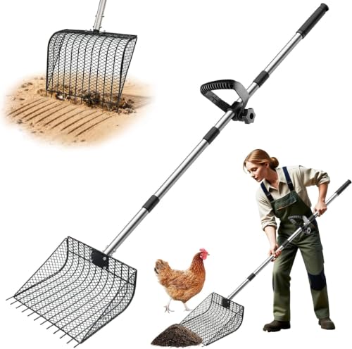 Chicken Poop Scooper & Rake 2-in-1, 25" to 67" - size: 11.8"L x 9.5"W x 3.5"H
