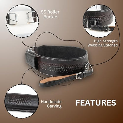 Hulara Western Carved Leather Rear Flank Back Saddle Girth Cinch Belt with Bucking Strap Comfytack |Premium Flank Cinch Belt Leather Horse Girth - color: Black