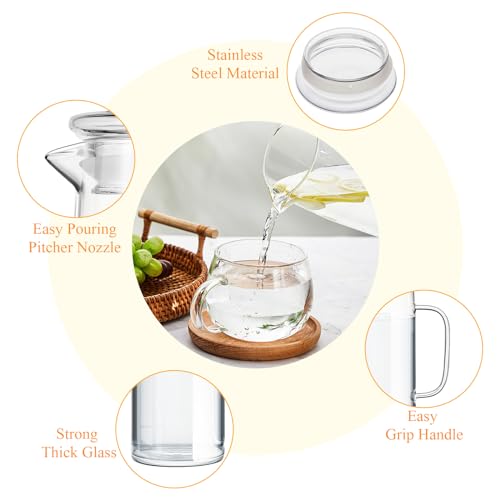 Hsei 2 Sets Glass Pitcher with Lid, 50 oz / 1500 ml Water Carafe with Handles Hot Cold Beverage Water Jar Glass Jug for Tea Juice Milk Coffee Iced Beverage (Glass Lid) - color: Glass Lid, size: 1.5l