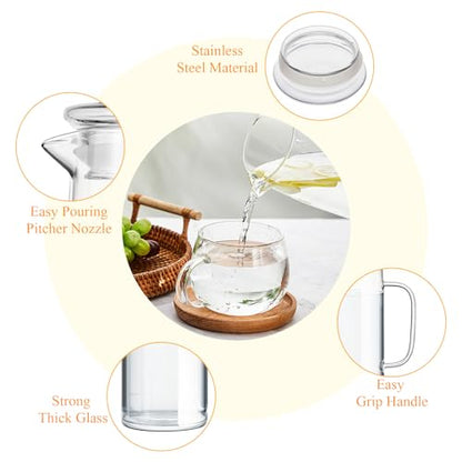 Hsei 2 Sets Glass Pitcher with Lid, 50 oz / 1500 ml Water Carafe with Handles Hot Cold Beverage Water Jar Glass Jug for Tea Juice Milk Coffee Iced Beverage (Glass Lid) - color: Glass Lid, size: 1.5l