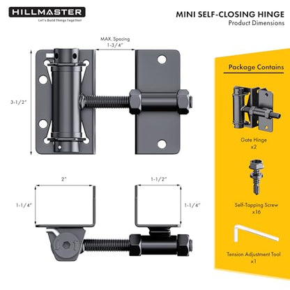 Heavy Duty Self Closing Gate Hinges for Metal/Vinyl/PVC/Wood Fence,90 Degree Narrow Wood Door Hinges with Adjustable Tension,Gate Closer Hinges for Swing Door,Gate Hardware Kit,2 Pack/Set,Black Finish