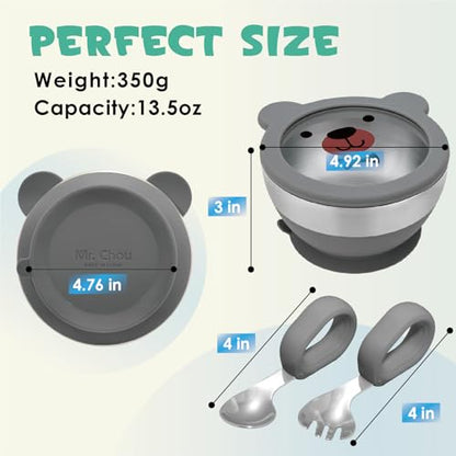 MR. CHOU Baby Bowl Set with Spoon & Fork, Insulated Double-Layer 18/8 Stainless Steel Toddler Bowls with Silicone Suction Cup & BPA Free Airtight Lids, Food Grade Infant Self-Feeding Bowl, Gray - color: Gray-S