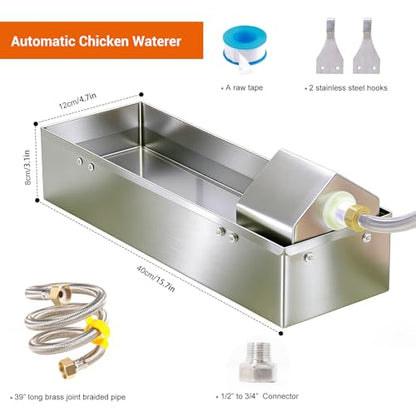 Automatic Chicken Waterer Dispenser 1 Gallon Large Stainless Metal Poultry Waterer Feeder Hanging Chicken Watering System with Float Valve Hose Kit for Pigeon Duck Goose Turkeys for Chicken Coop