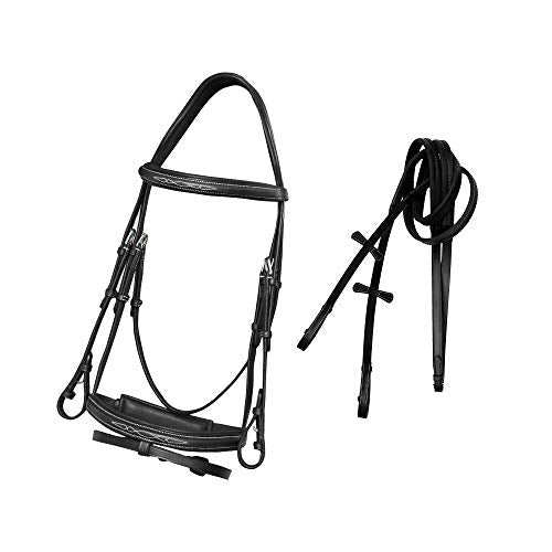 Exion Horse Snaffle Jumping Bridle with Removable Flash & Rubber Reins | Anatomical MonoCrown, Padded Noseband, Fancy Stitched Browband | English Bridle - color: Black, size: Pony/Small Size